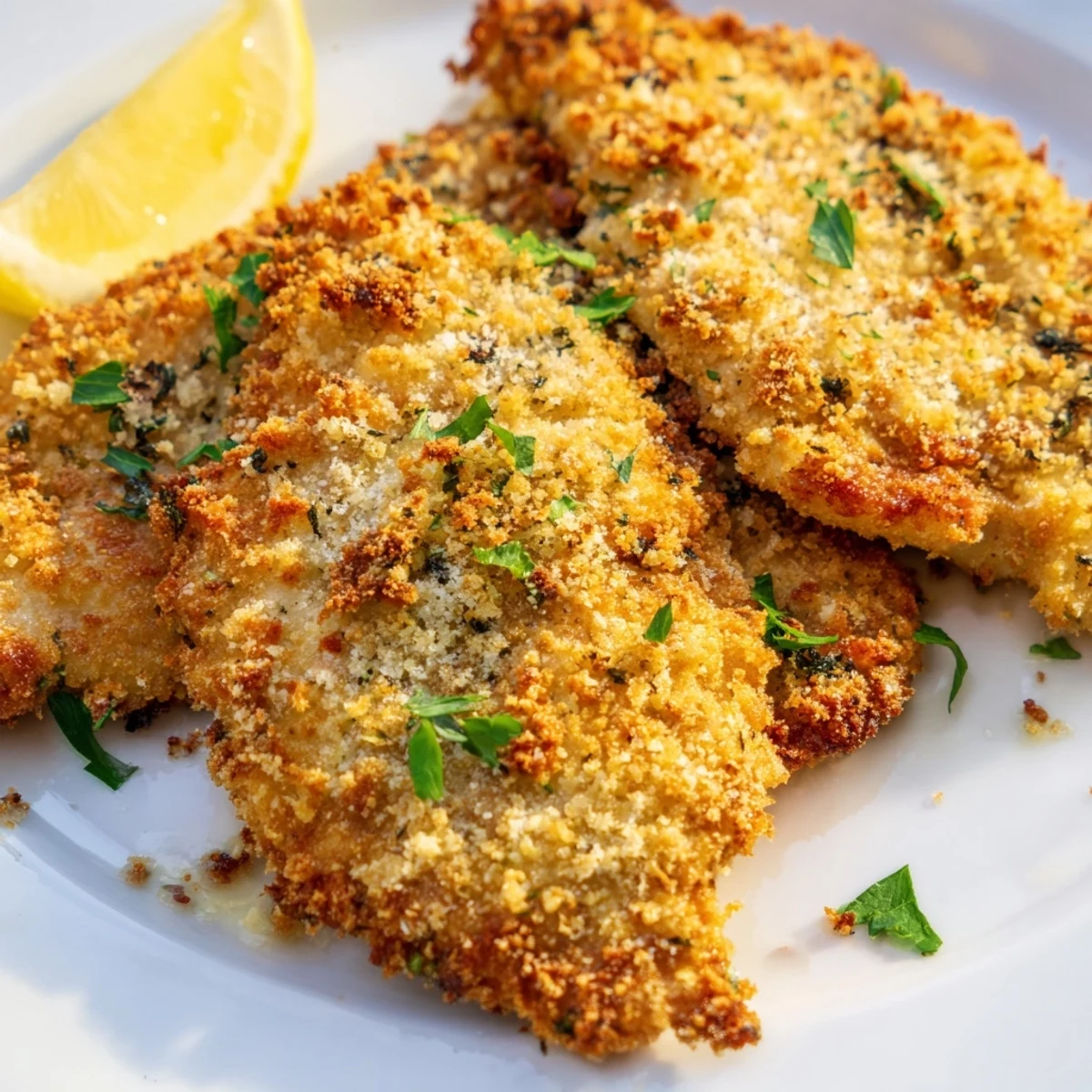 Golden-brown Crispy Parmesan Chicken Cutlets, fresh from the oven, offering a delightful crunch.