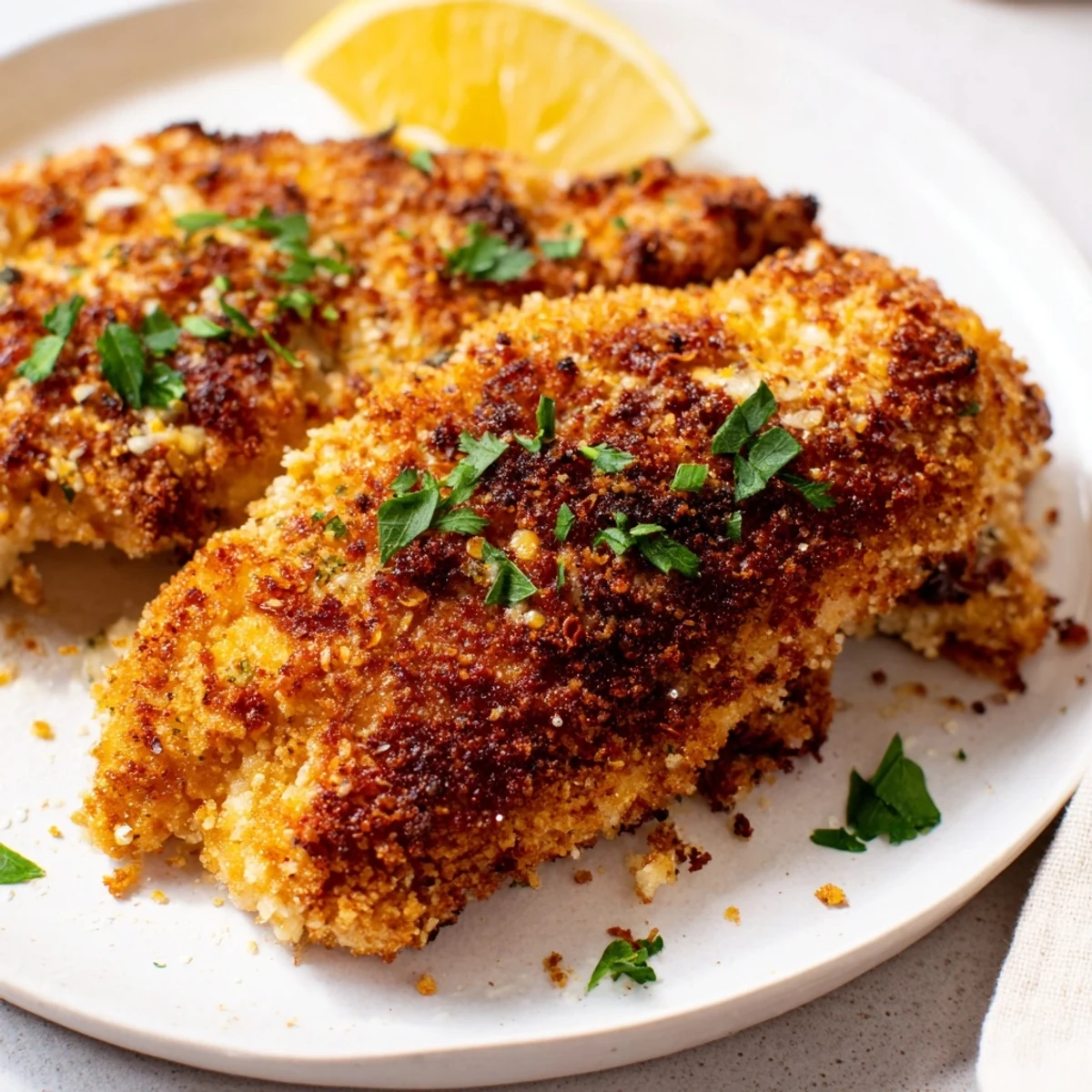 Warm, flavorful Crispy Parmesan Chicken Cutlets, ready alongside lemon wedges for bright flavor.