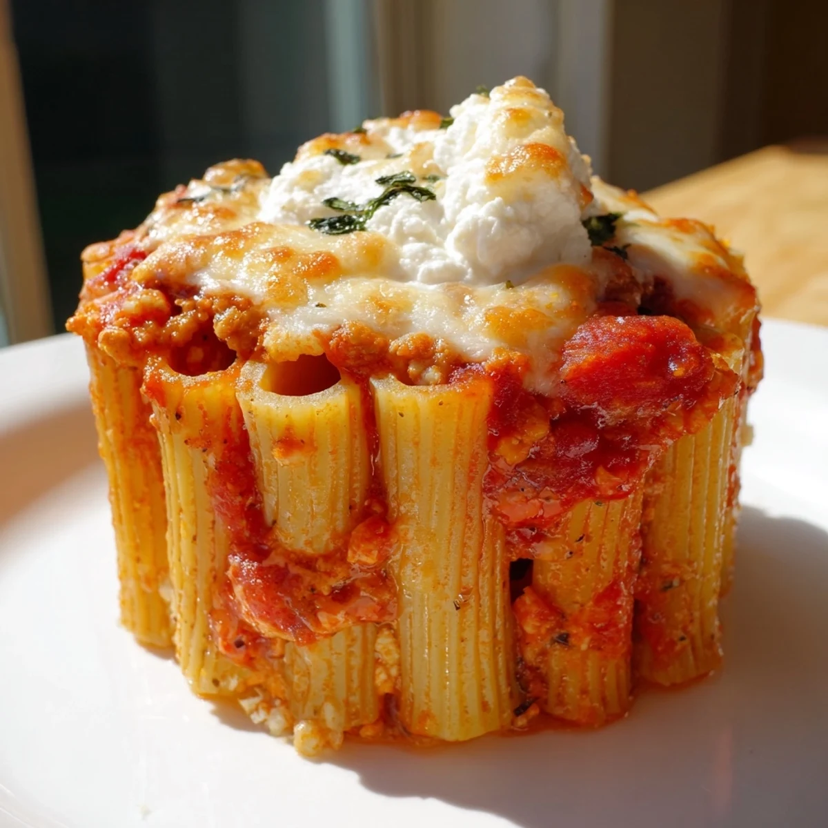 A close-up of golden brown Baked Ziti Cups, ready to enjoy with a melty cheese topping—delicious!