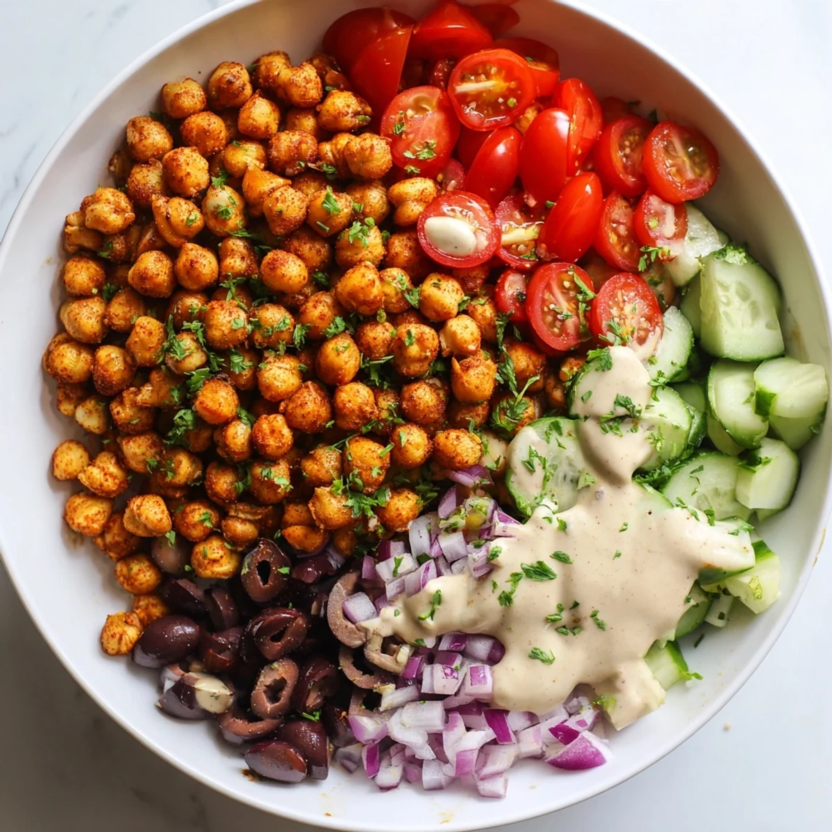 Mediterranean Chickpea Bowl bursting with color: roasted chickpeas, fresh veggies, tahini drizzle, ready to enjoy.