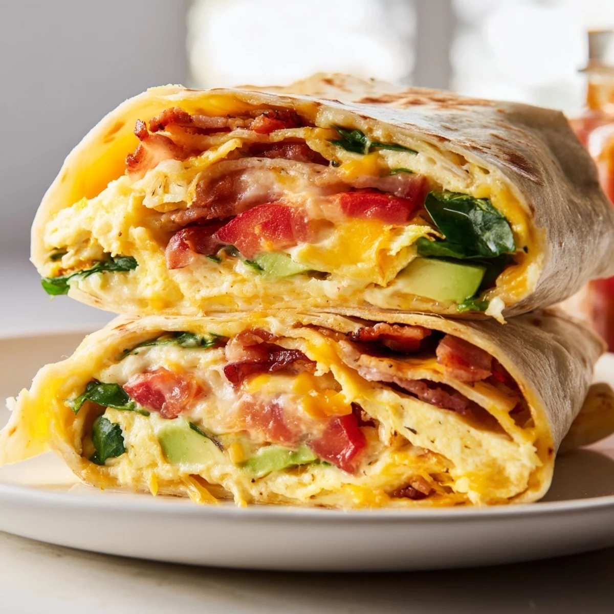 Golden, crispy breakfast wrap, a perfect folded tortilla hack loaded with bacon and cheese.