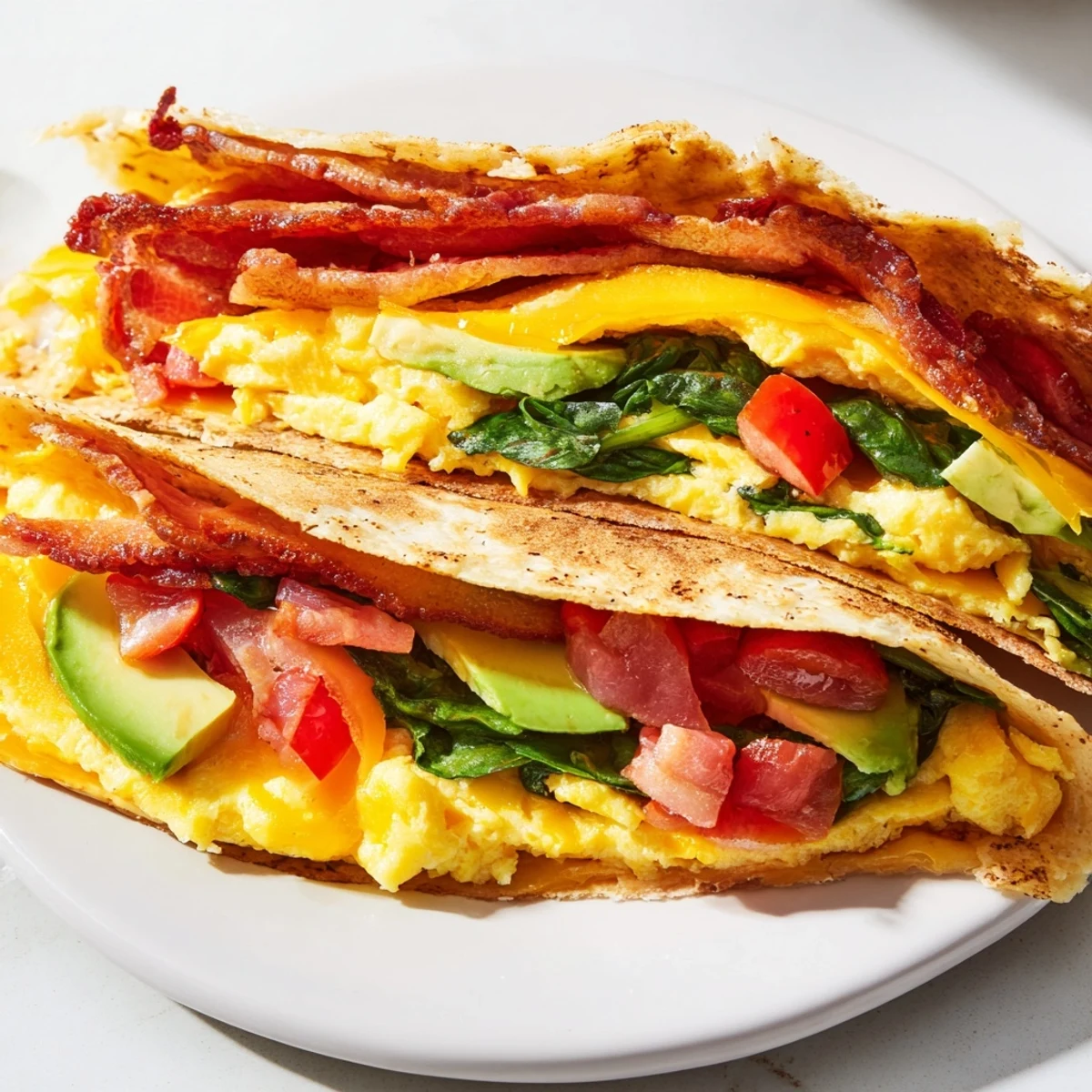 Imagine a close-up of this fully-loaded, crispy breakfast wrap ready to eat with a side.