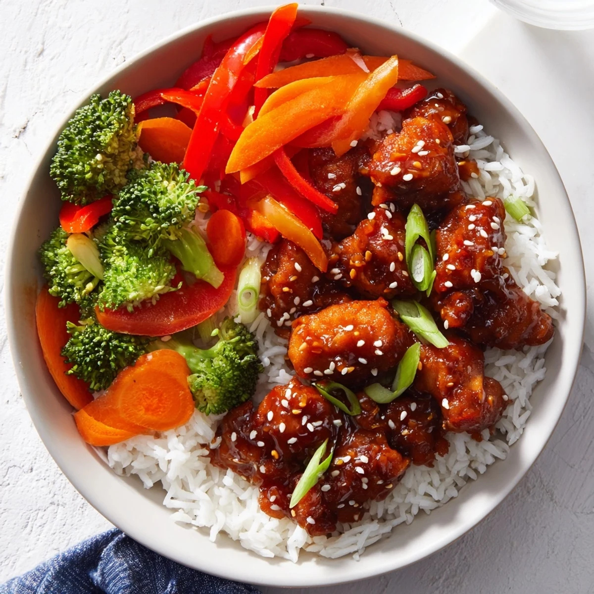 Tender teriyaki chicken rice bowl with bright vegetables, glistening sauce, a perfect, balanced meal.