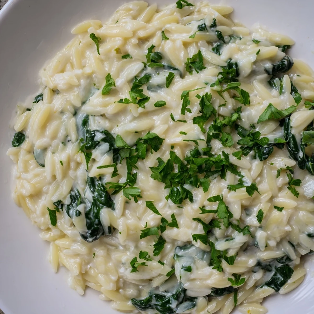 One-Pot Creamy Orzo, a photo of a bubbling skillet overflowing with cheesy, creamy pasta goodness.