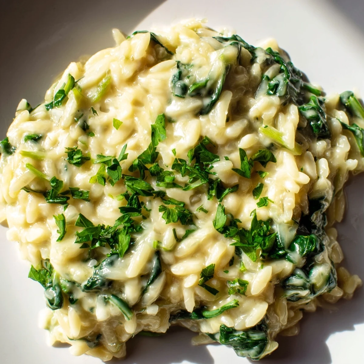 A close-up shot of rich and vibrant One-Pot Creamy Orzo, perfect for an Italian-inspired dinner.