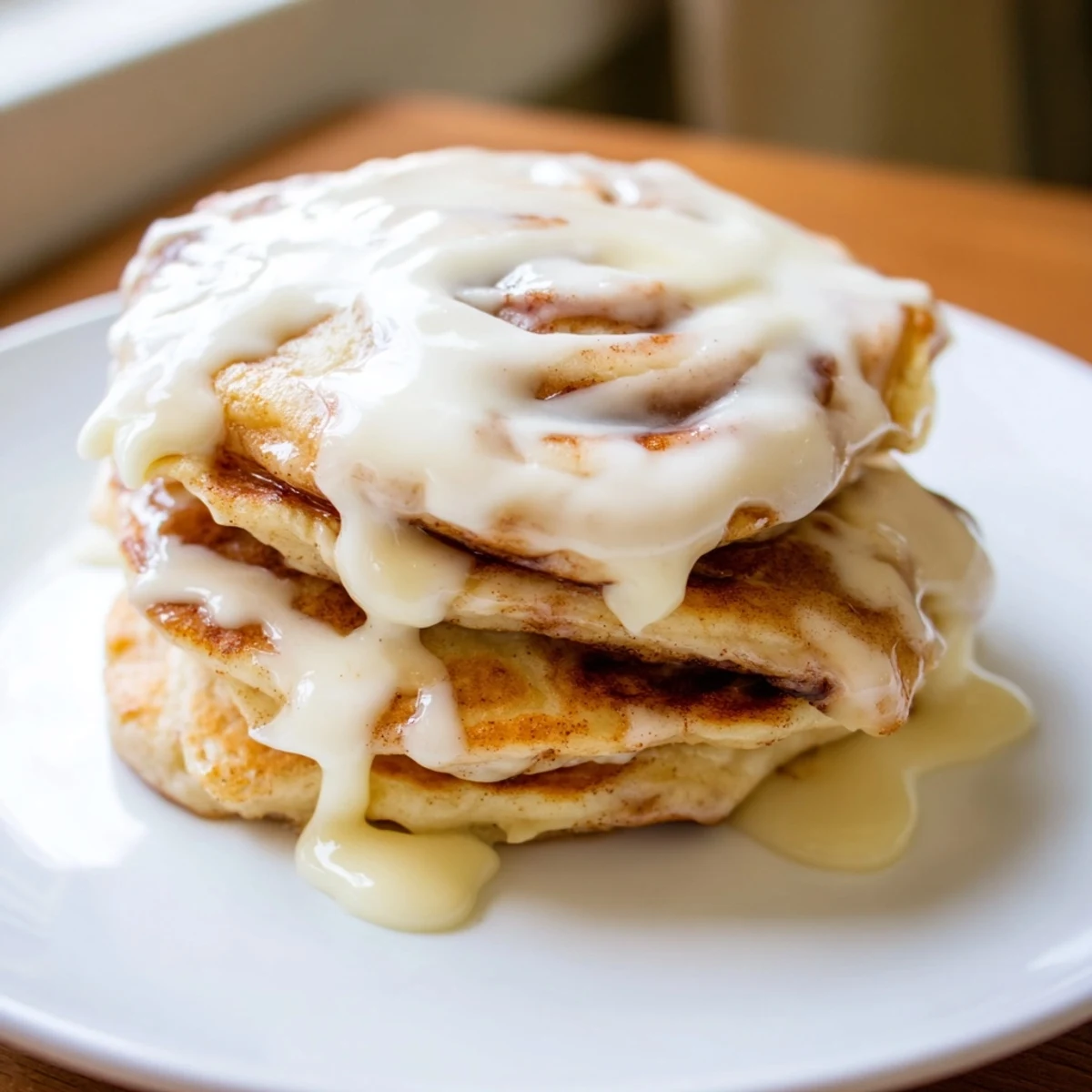 Stack of fluffy Cinnamon Roll Pancakes, showing cinnamon swirls, perfect with a hot cup of coffee.