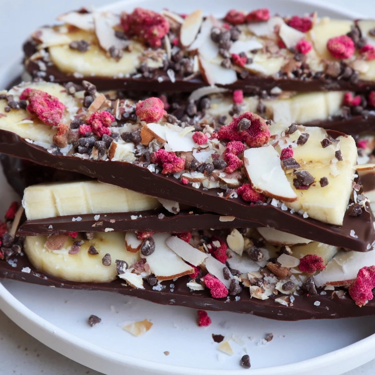 Frozen pieces of Chocolate Banana Bark feature creamy banana, dark chocolate, and crunchy toppings.