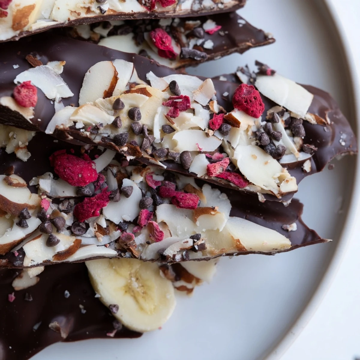 Melted chocolate covers banana slices in this inviting image of Chocolate Banana Bark, ready to freeze.