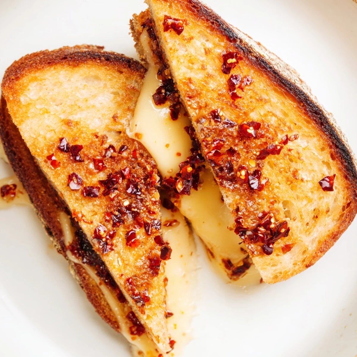 Buttery, toasted bread surrounds the gooey brie and fiery chili crisp filling of this grilled Brie and Chili Crisp Grilled Cheese.