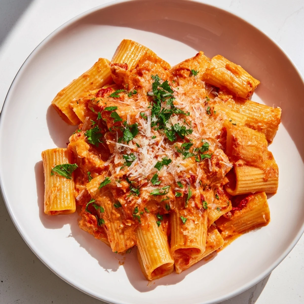 Gigi Hadid-Style Spicy Rigatoni with creamy sauce, garnished with fresh parsley and extra Parmesan.