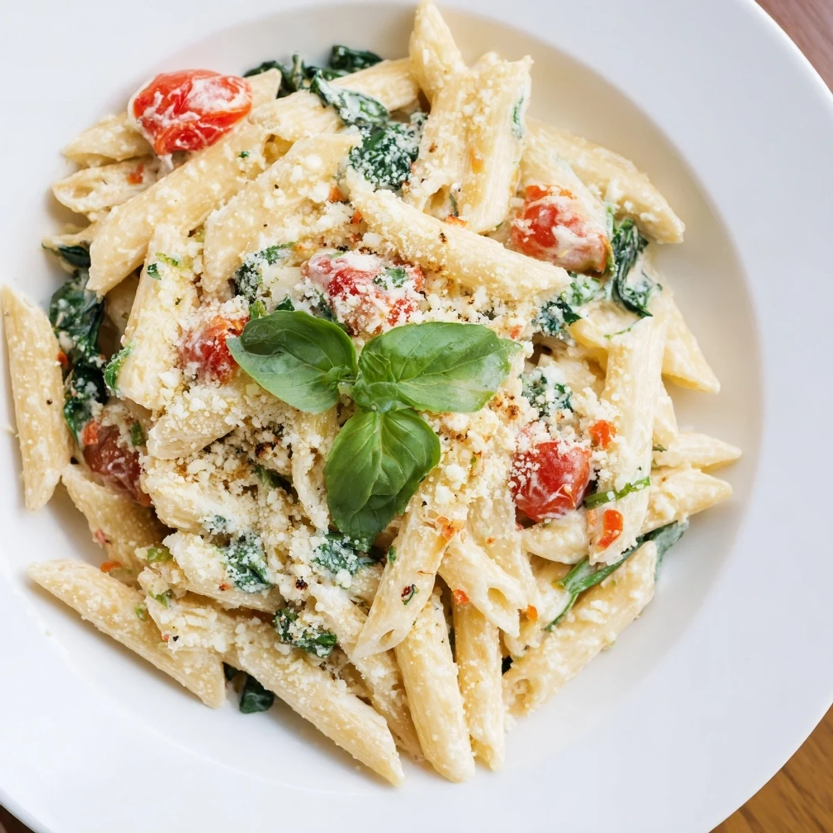 A close-up of creamy Cottage Cheese High-Protein Pasta with fresh basil garnish.
