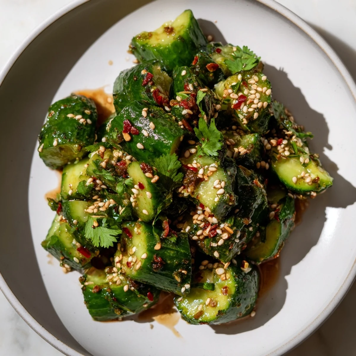 Close-up of vibrant Chinese Spicy Smashed Cucumber Salad, featuring glistening cucumbers and a spicy, savory dressing.