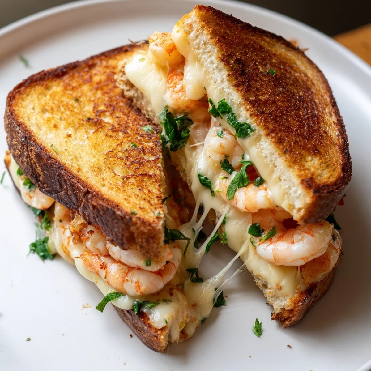 Toasted sourdough surrounds the flavorful Quick Shrimp Grilled Cheese, a pescatarian delight served warm.