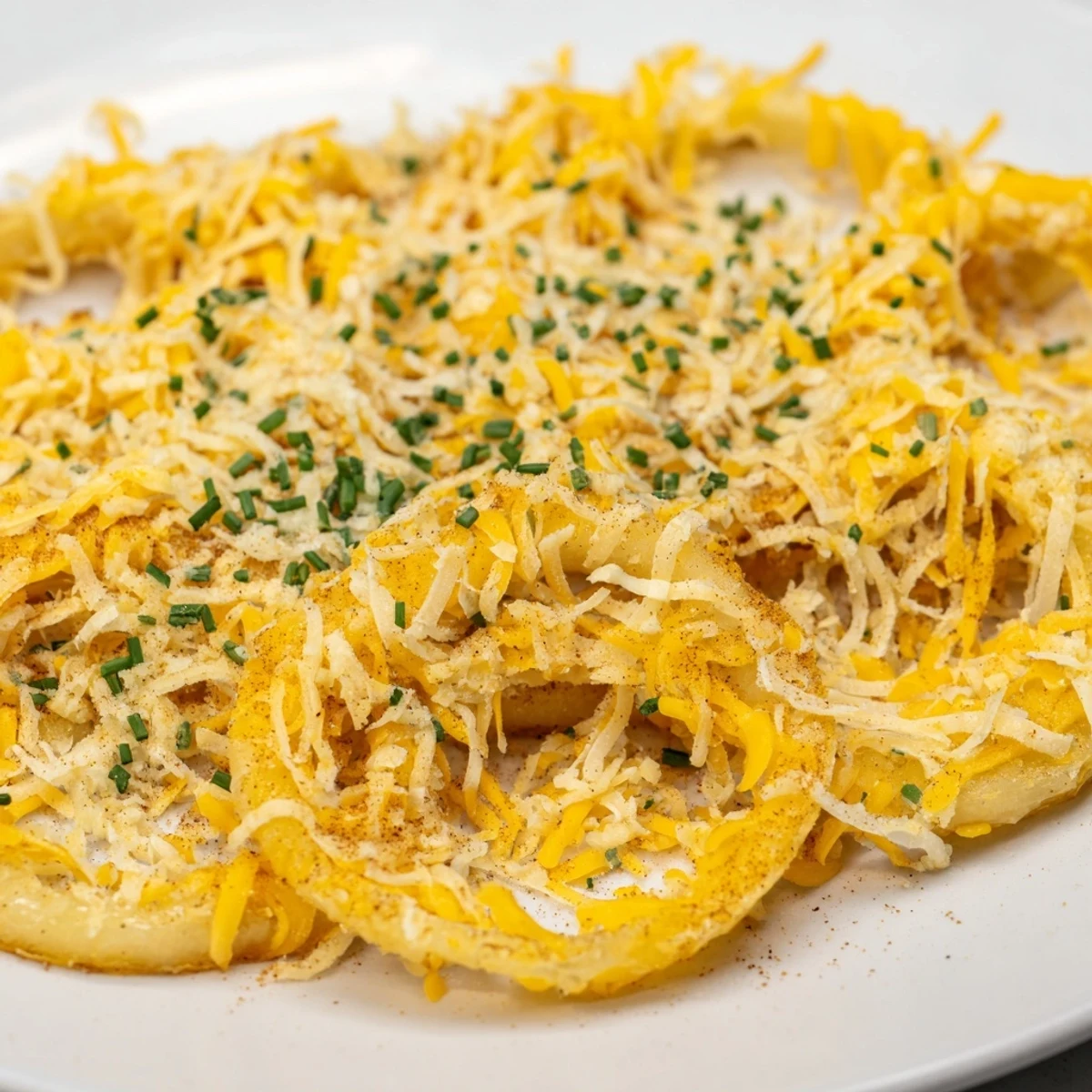 Mouthwatering close-up of air-fried Crispy Onion Cheese Chips, a low-carb appetizer for easy enjoyment.