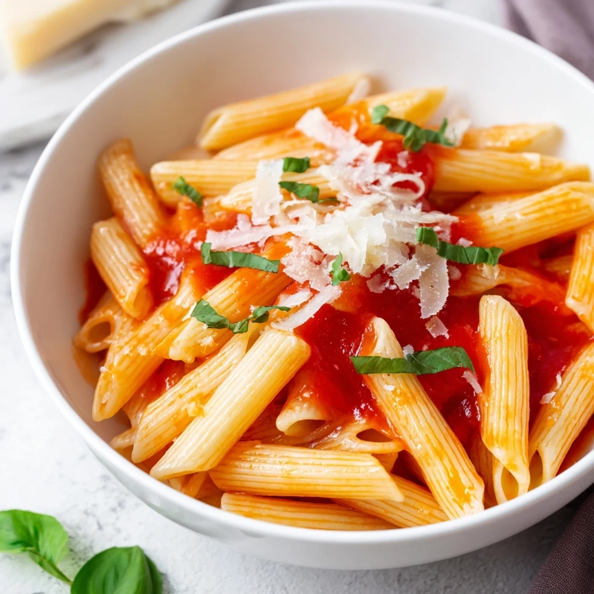 Steaming hot microwave bowl pasta, ready to eat, topped with fresh basil and Parmesan cheese.