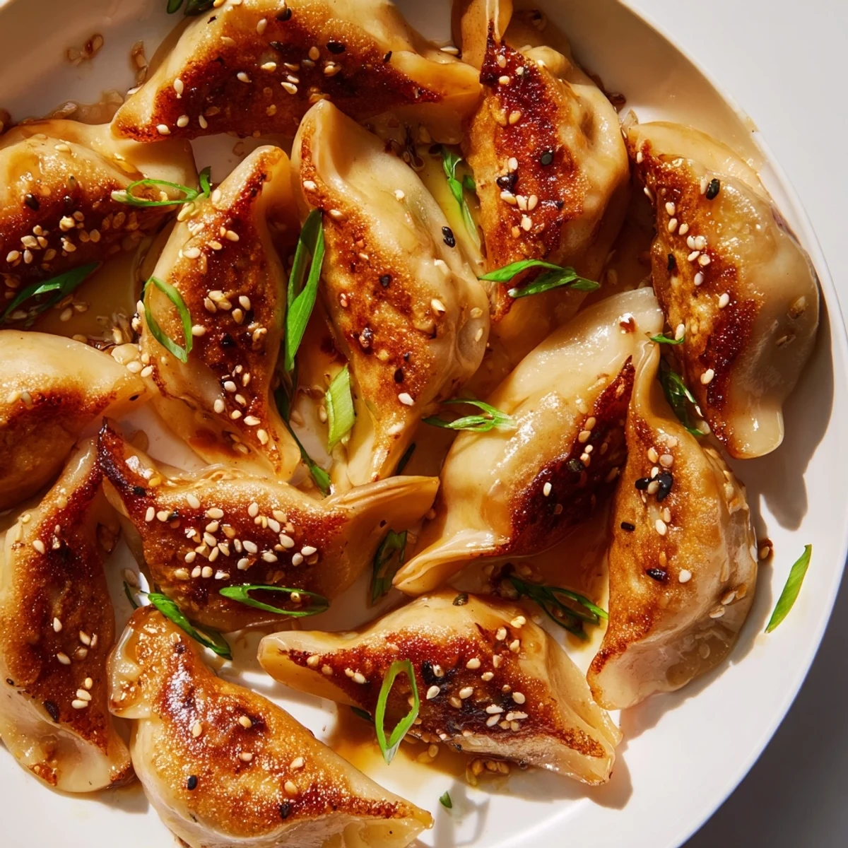 Crispy air fryer frozen dumplings glazed with shimmering sesame oil, ready to savor.