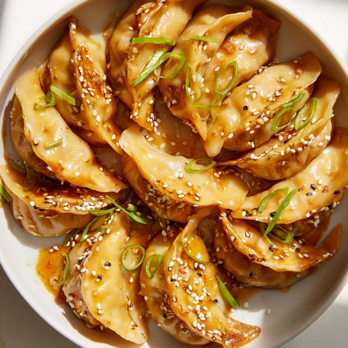 A close-up of air fryer frozen dumplings, showcasing the glistening sesame oil glaze, and inviting aromas.