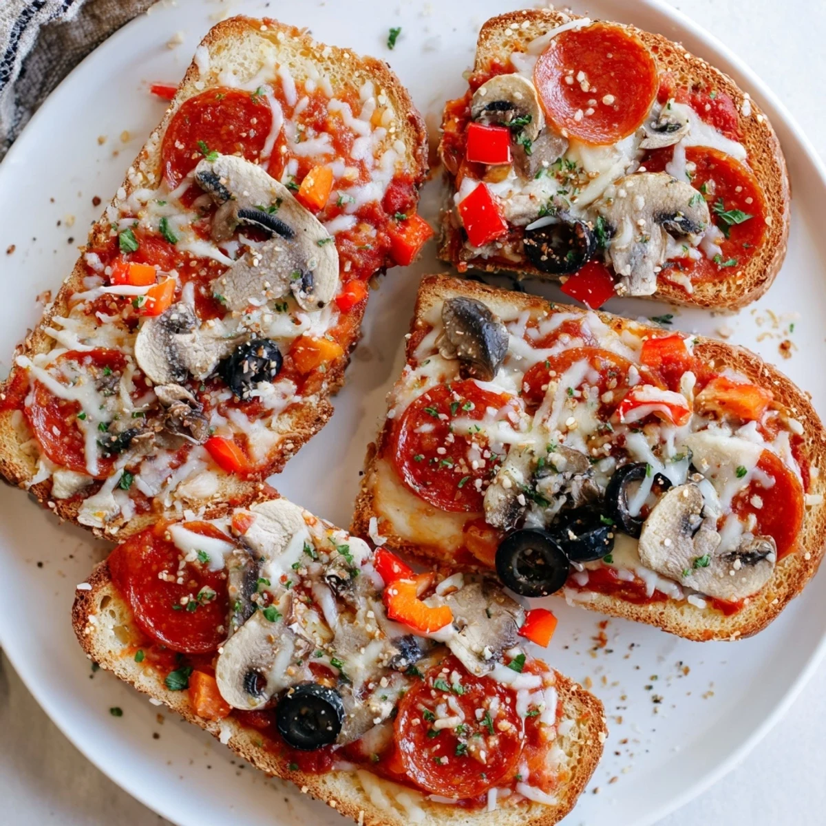 Golden, bubbly cheese melts on top of the air-fried pizza toast, a simple yet savory snack.