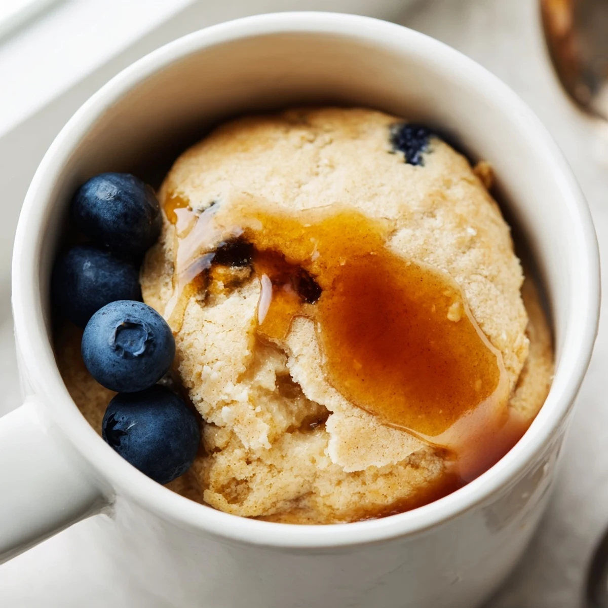 Steaming microwave mug pancakes, golden and fluffy, topped with maple syrup and fresh berries for breakfast.