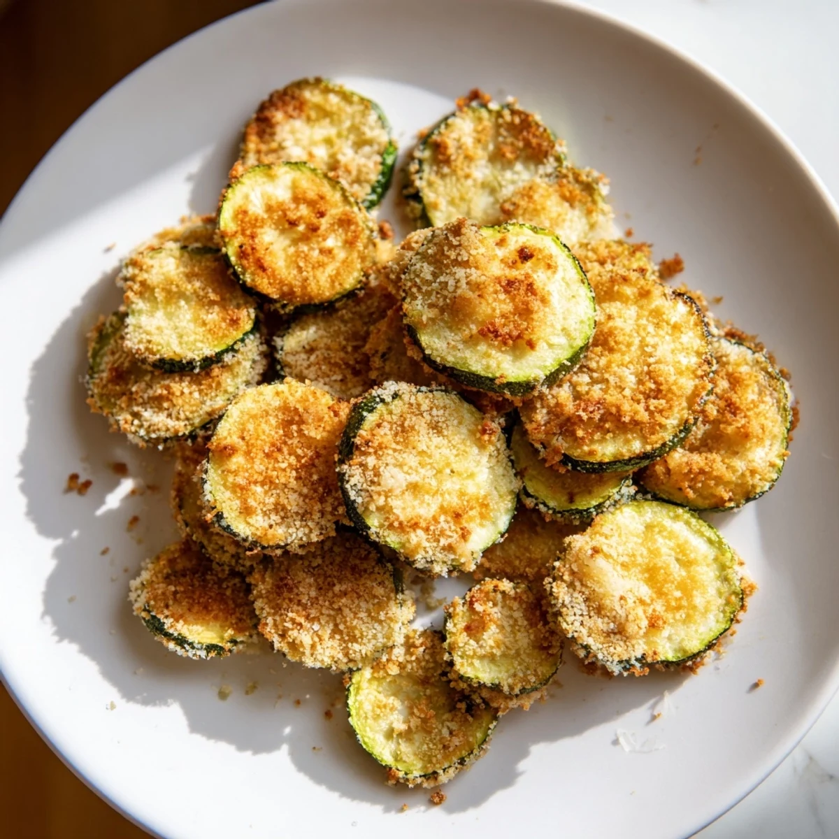 Golden-brown zucchini chips, crispy and air-fried, ready to enjoy as a flavorful snack.