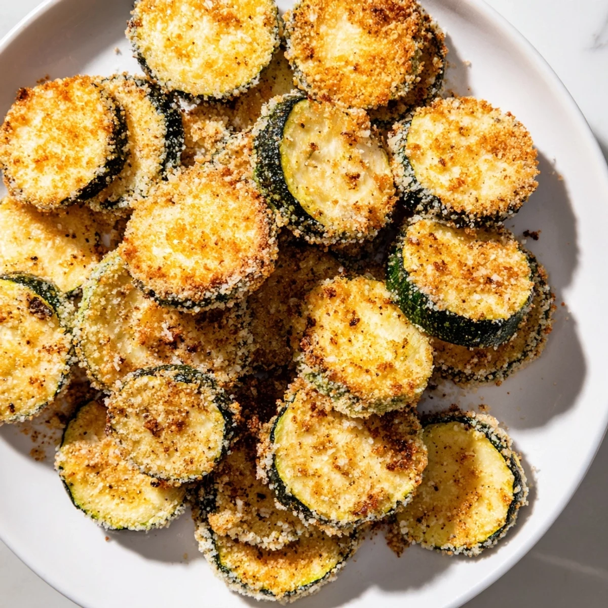 Close-up of crispy zucchini chips, perfectly seasoned, offering a delightful crunch with every bite.