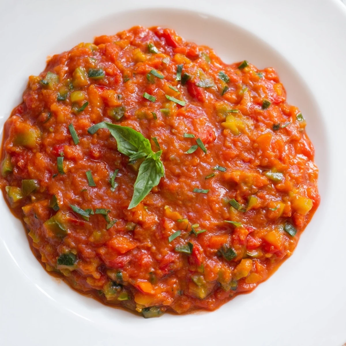 A bowl of Veggie-Loaded Tomato Pasta Sauce, thick and vibrant, ready to be tossed with pasta.
