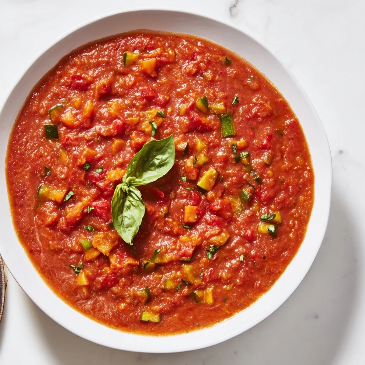 Rich red Veggie-Loaded Tomato Pasta Sauce steaming in a pan, infused with fresh herbs and spices.