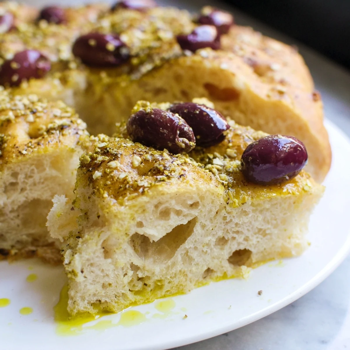 Close-up of fluffy Zaatar Olive Focaccia: an airy, oil-infused bread with visible olive pieces.