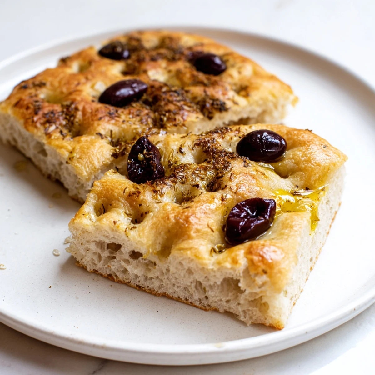 Golden-brown Zaatar Olive Focaccia, a savory bread with crisp edges and fragrant zaatar topping.