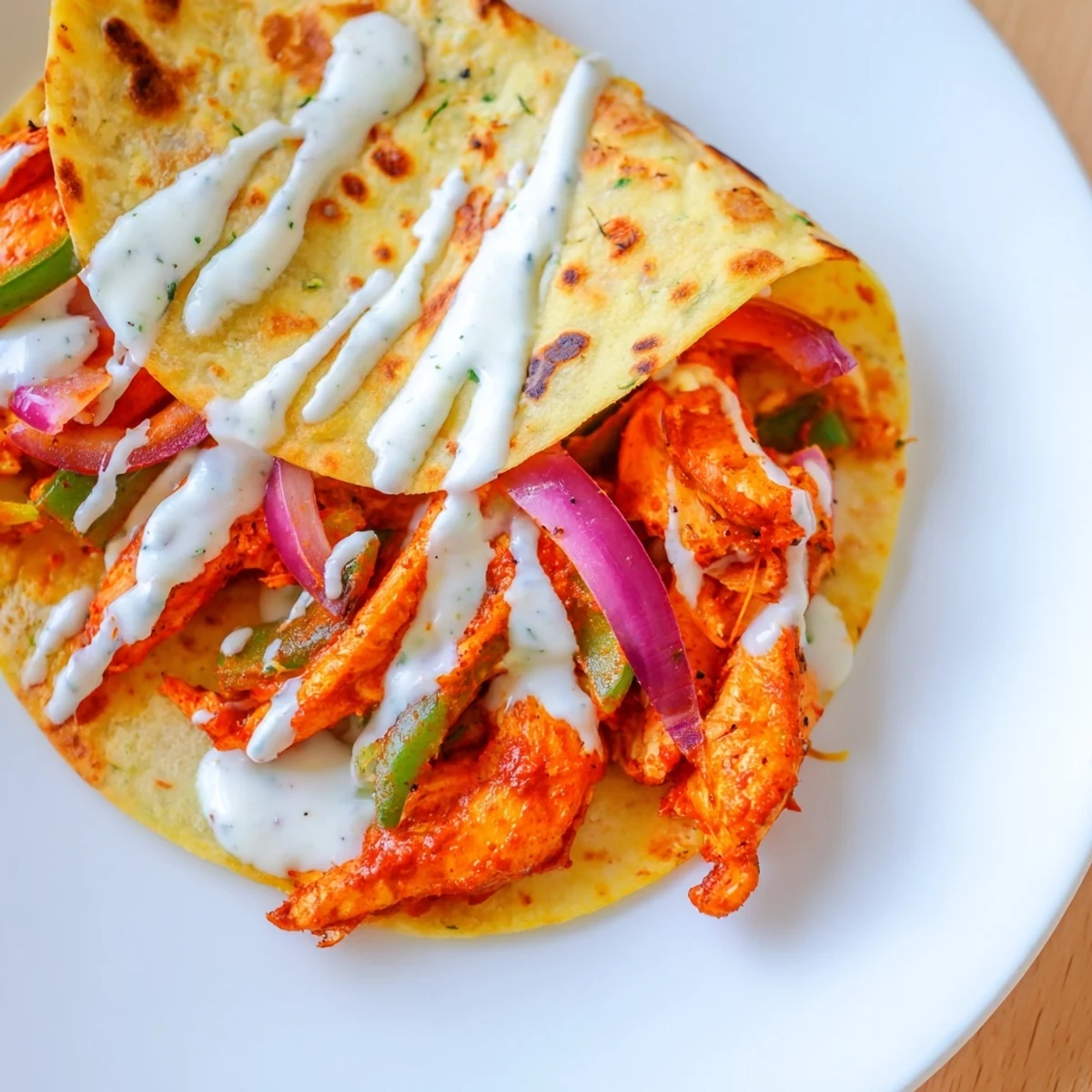 A close-up shot of a sizzling Tandoori Chicken Quesadilla, with a creamy yogurt drizzle.