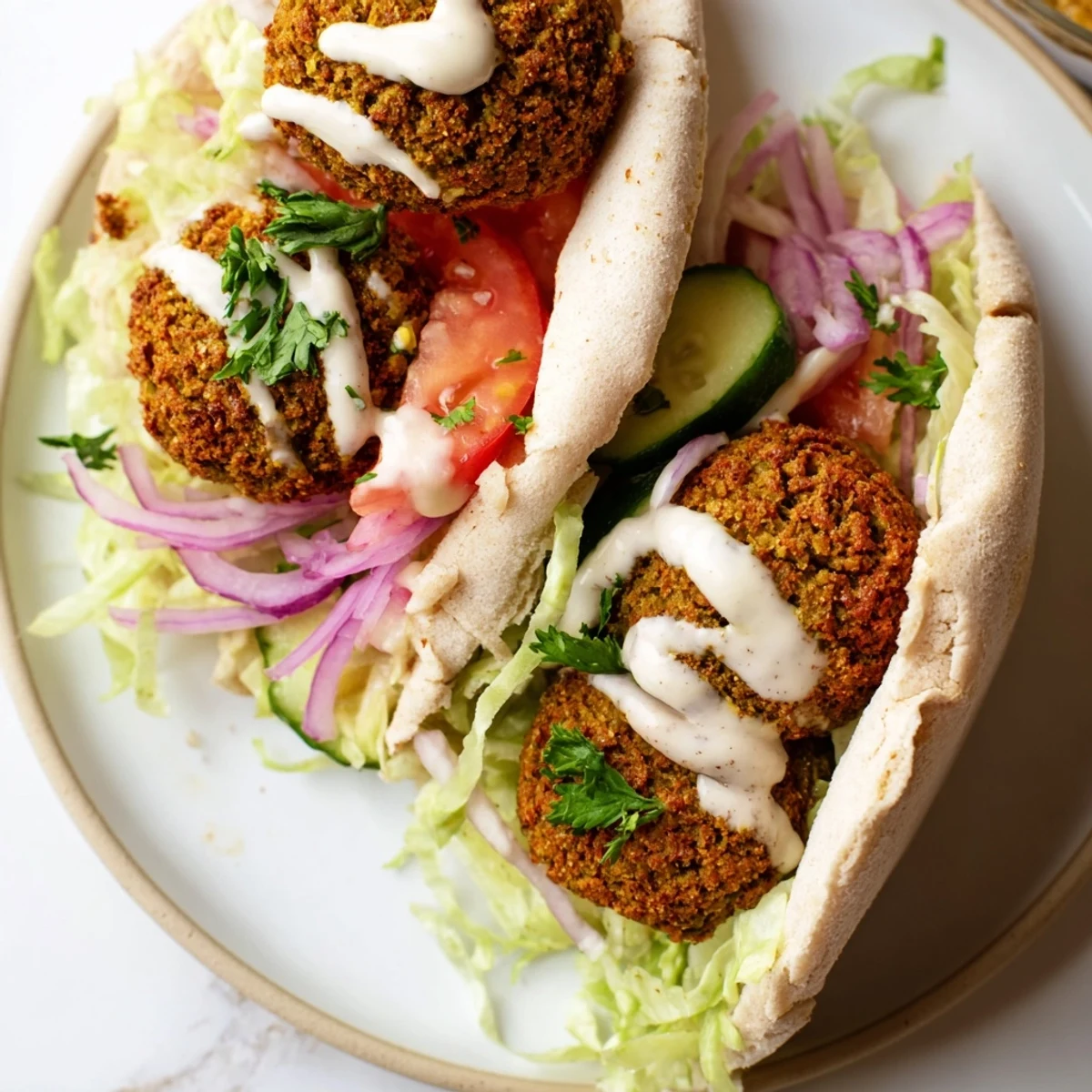 Golden, crispy falafel nestled in a pita pocket, overflowing with fresh, vibrant, colorful vegetables.