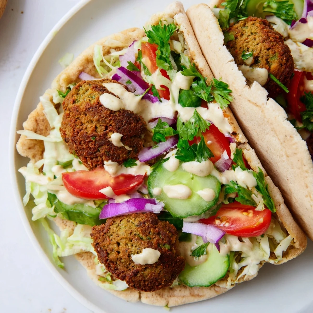 Warm pita bread holding a generously filled falafel pita pocket, perfect for a satisfying vegetarian meal.