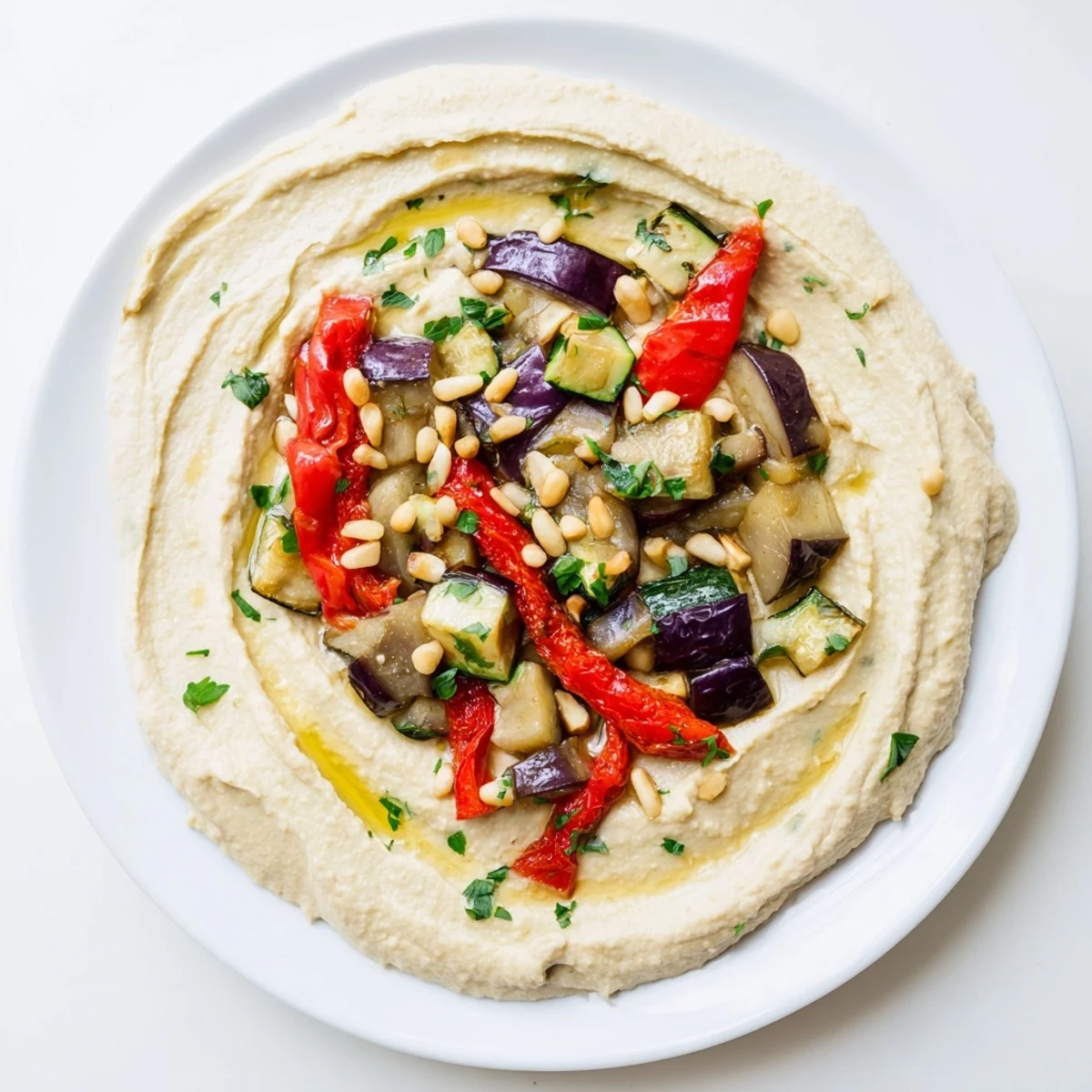Vibrant Hummus Roasted Veggies with toasted pine nuts, a delightful appetizer, ready to serve with warm pita.