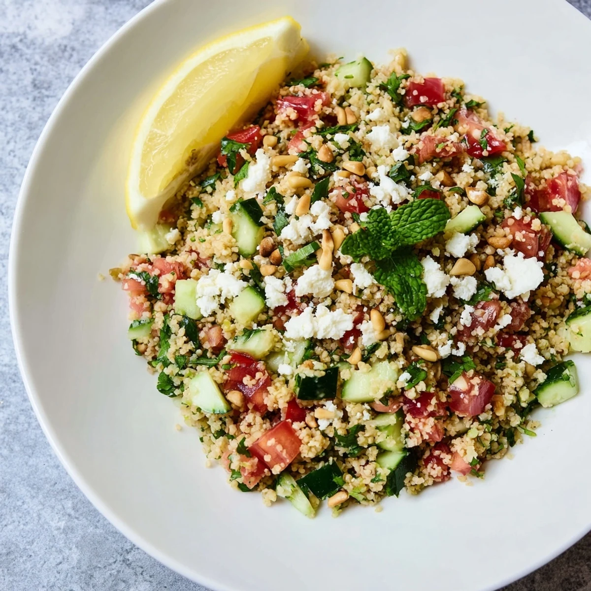 Bright, colorful Tabbouleh Grain Bowl, with plump tomatoes and fresh herbs, ready to be enjoyed.