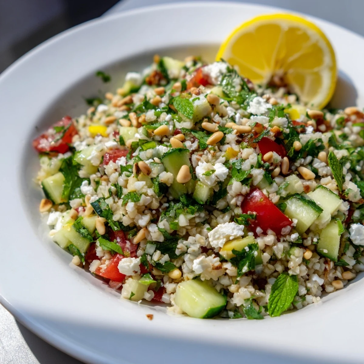 A flavorful Tabbouleh Grain Bowl, drizzled with lemon dressing, is visually appealing and healthy.