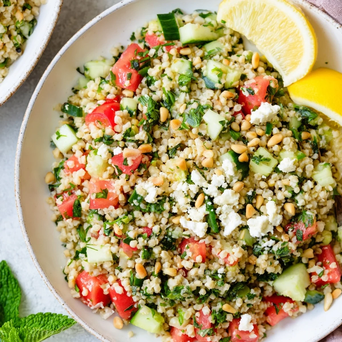 Freshly made Tabbouleh Grain Bowl, with feta and pine nuts, offering a taste of Middle Eastern cuisine.