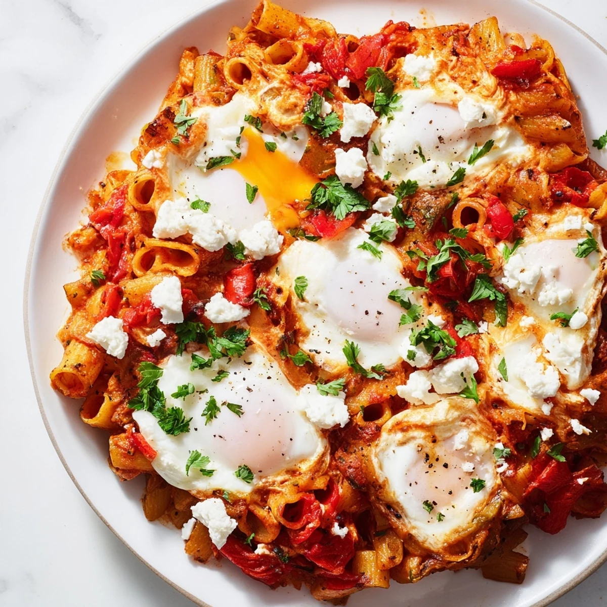 A warm, baked dish of Shakshuka Baked Pasta, glistening with seasoned tomato sauce and cheese.