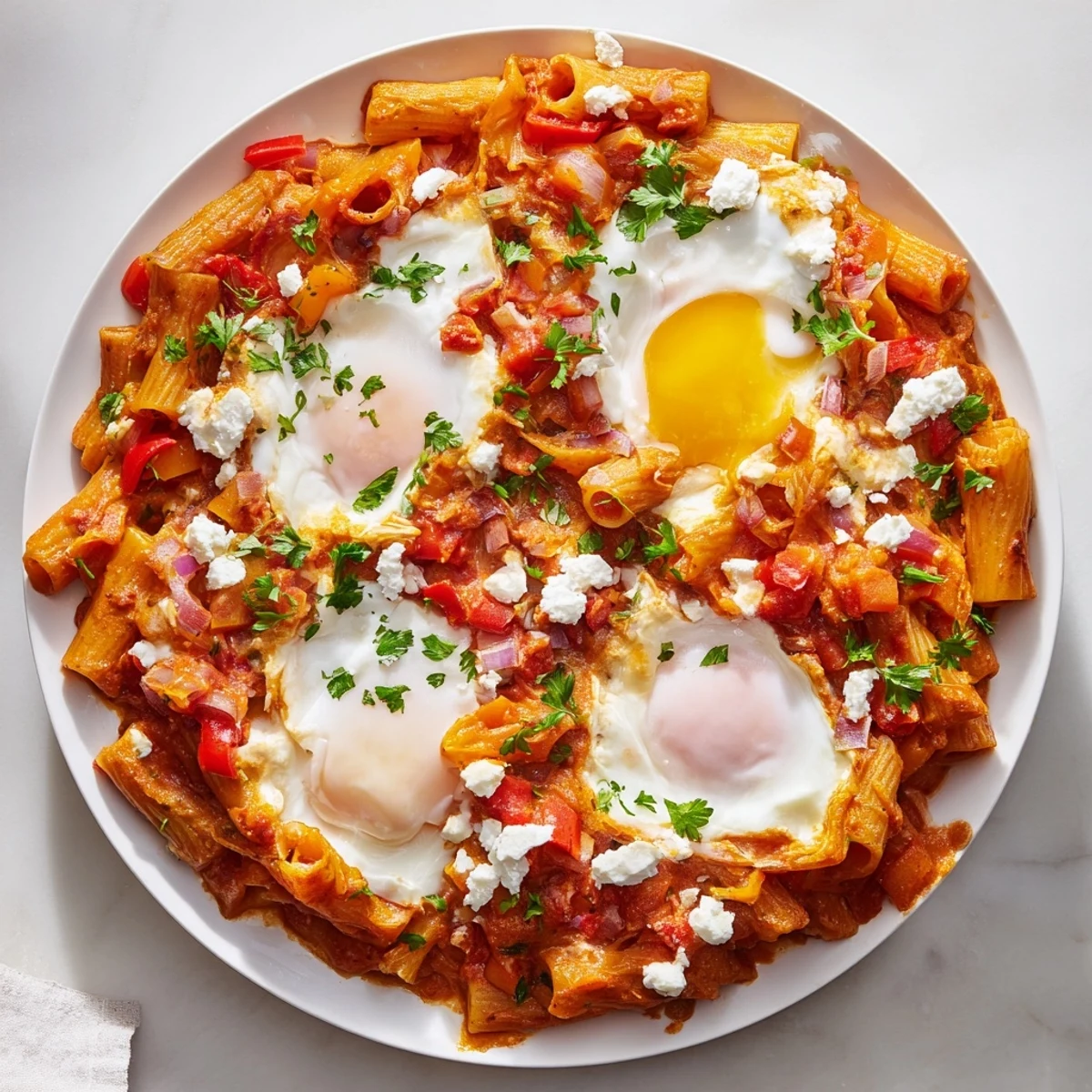 Imagine the aroma: flavorful Shakshuka Baked Pasta with baked eggs, a delightful vegetarian main.