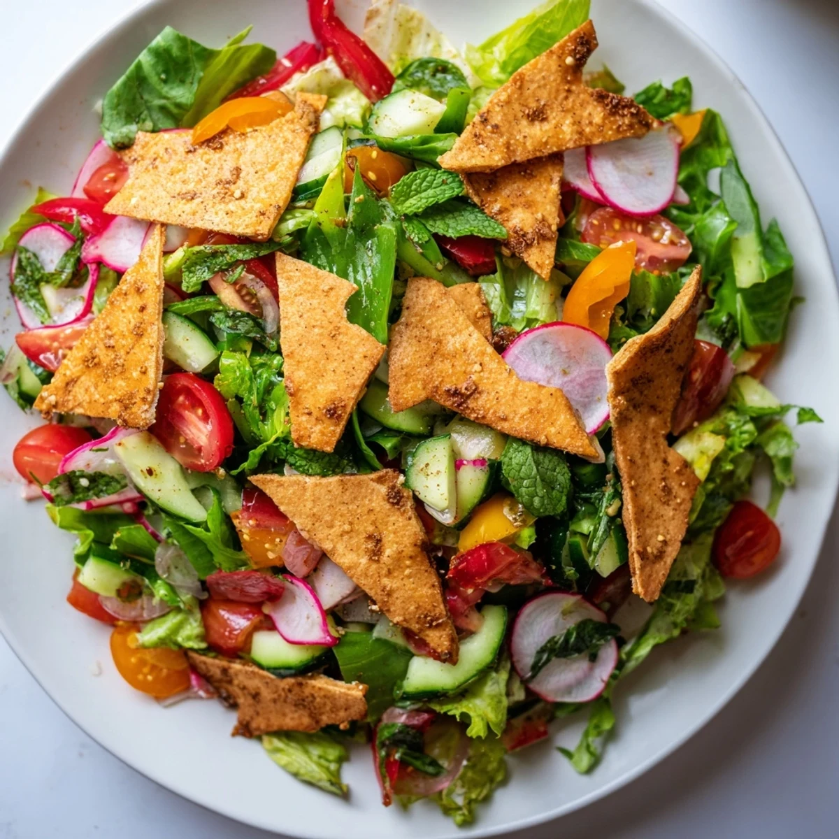 Vibrant Fattoush Crunch Salad with colorful fresh veggies, herbs, and toasted pita for a satisfying bite.
