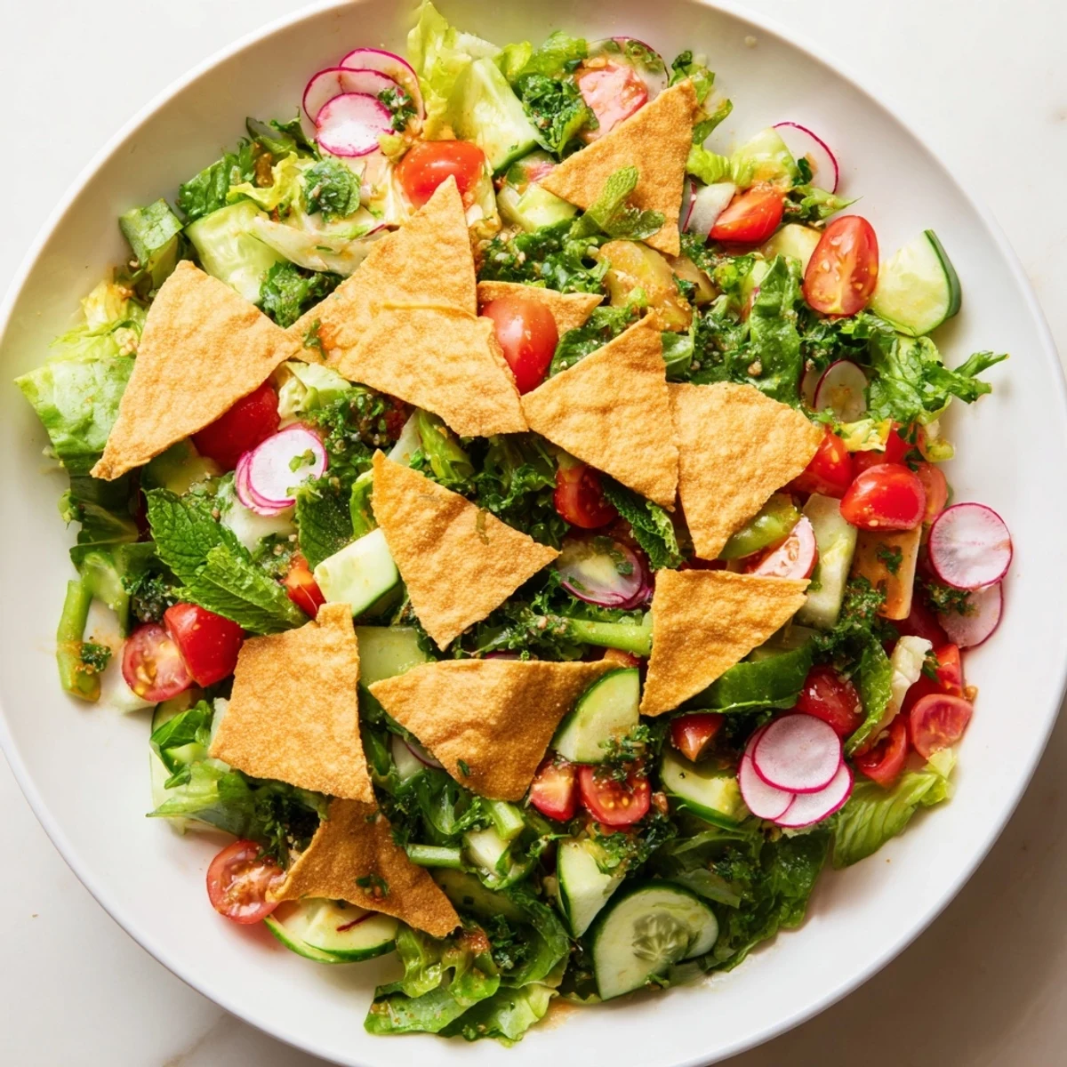 Crispy pita chips crown this delicious Fattoush Crunch Salad, mixed with bright tomatoes and a tangy sumac dressing.