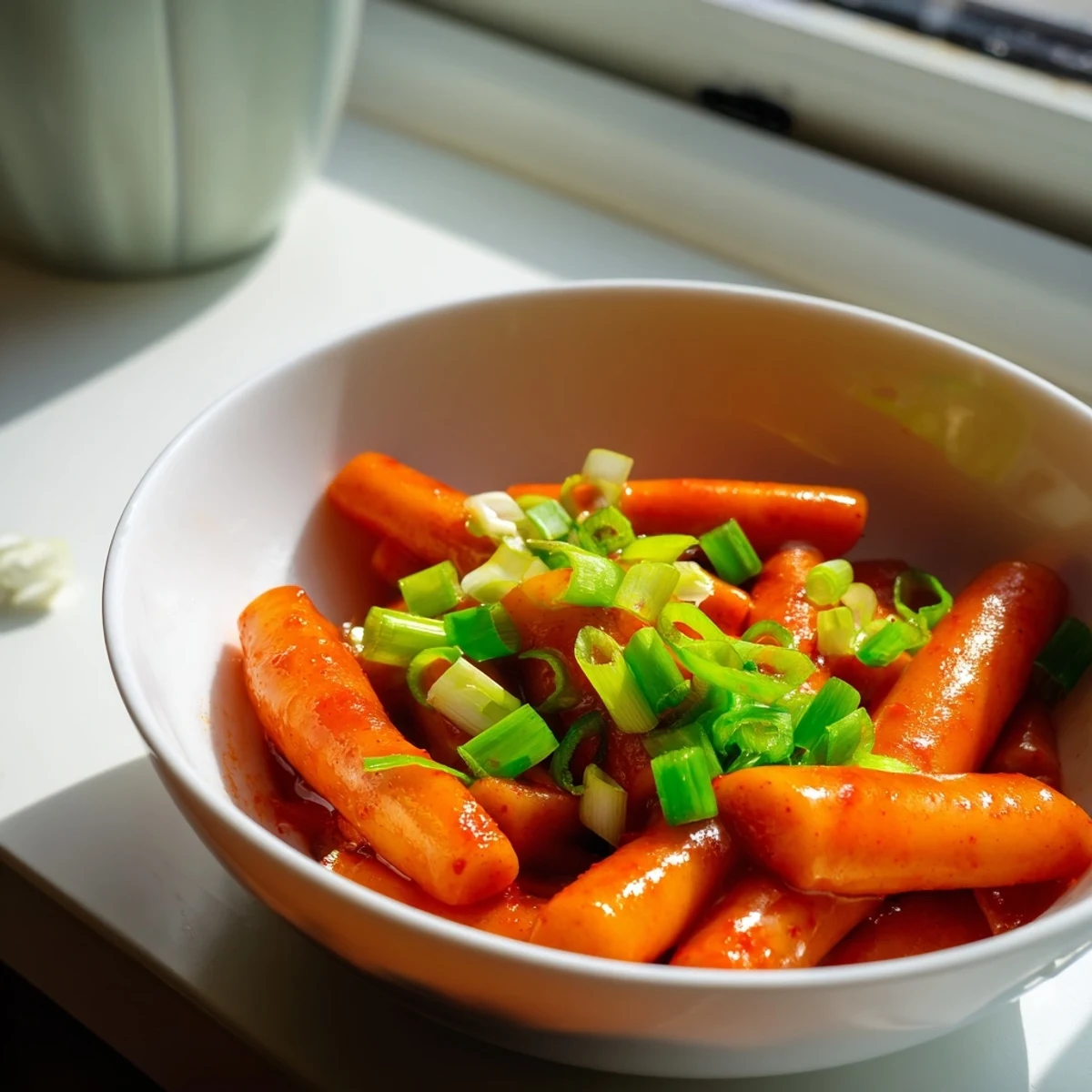 A close-up of Korean Tteokbokki, featuring glossy rice cakes coated in vibrant red gochujang sauce, garnished with fresh green onions and white sesame seeds.  
