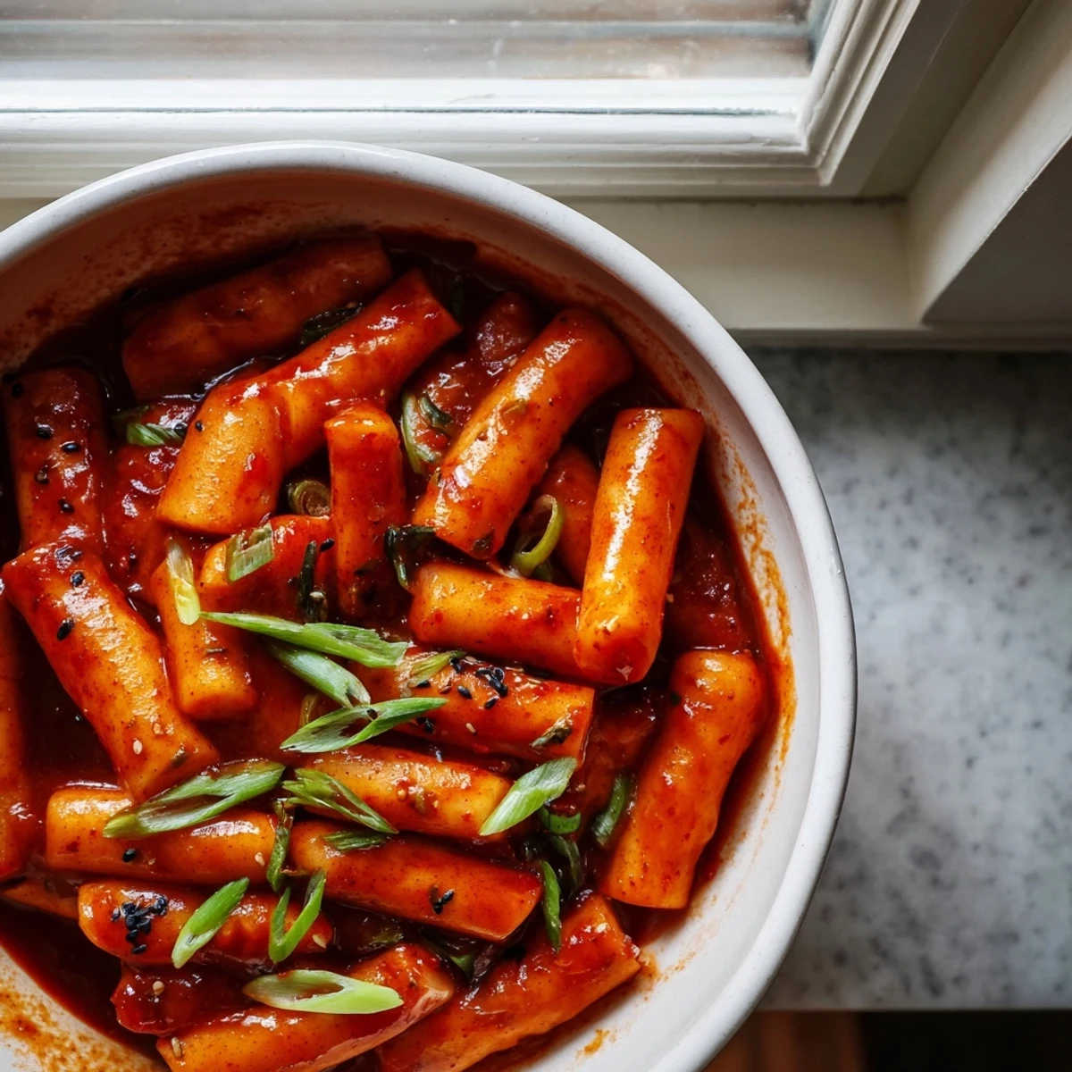 A serving platter of Korean Tteokbokki, garnished with green onions and sesame seeds, alongside optional boiled eggs for a hearty meal.