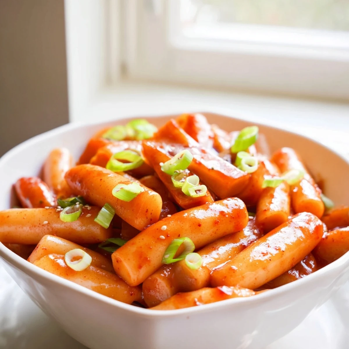 Steaming pot of Korean Tteokbokki, showcasing chewy rice cakes and sliced onions simmering in a thick, spicy red sauce ready to serve.  
