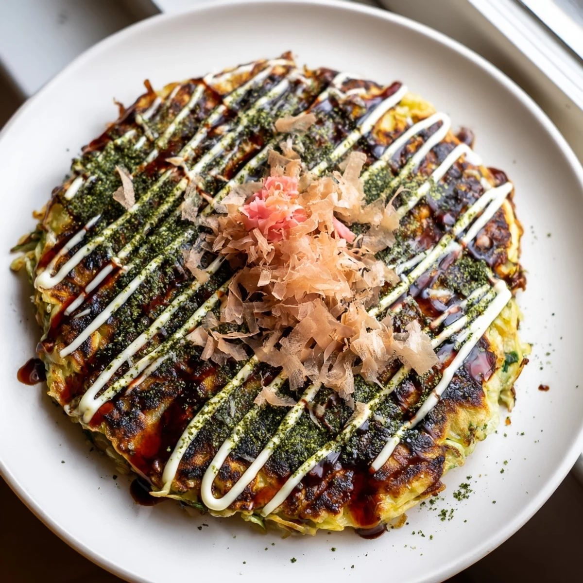 Golden-brown Japanese Okonomiyaki Pancakes sizzling on a griddle, topped with creamy mayo and tangy sauce.