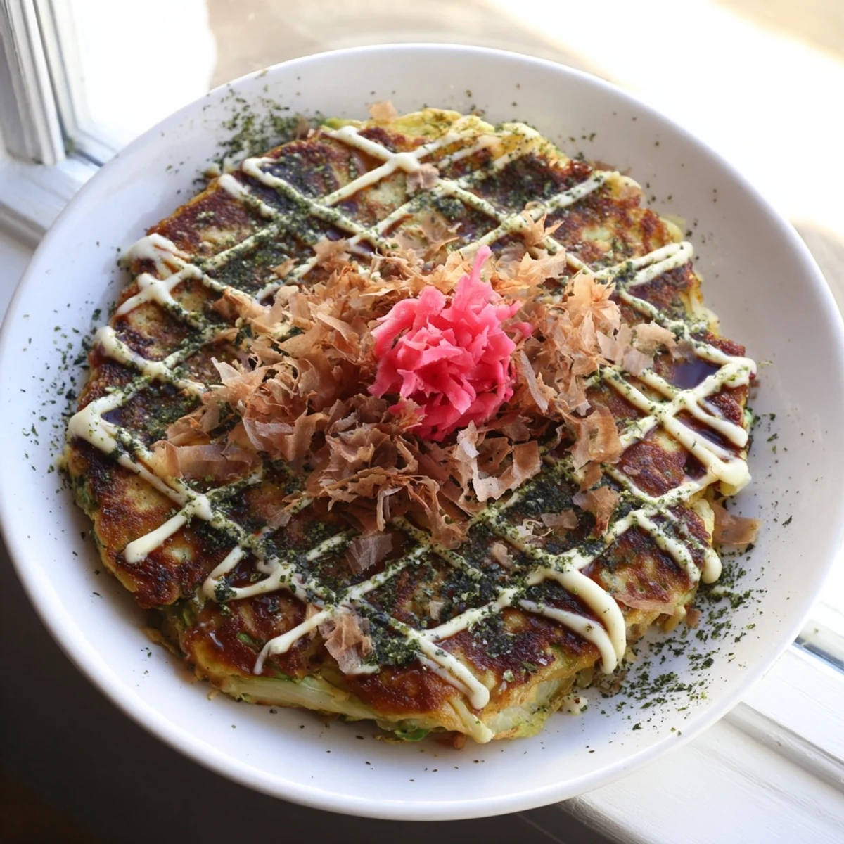 Savory Japanese Okonomiyaki Pancakes topped with bonito flakes dancing over hot cabbage pancakes.
