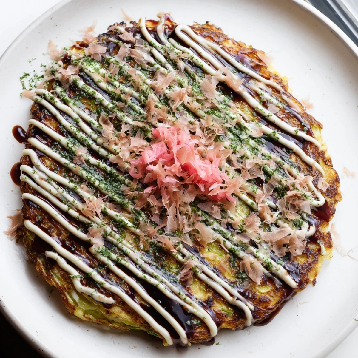 Freshly plated Japanese Okonomiyaki Pancakes garnished with pickled ginger, aonori, and creamy mayo drizzle.