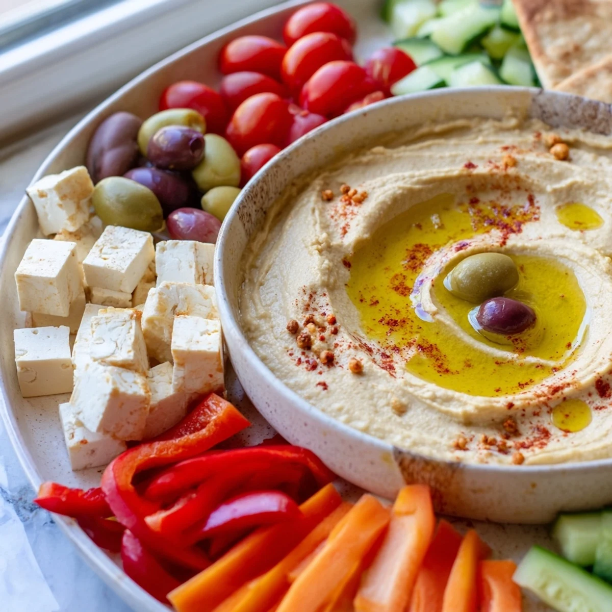 A vibrant Middle Eastern Mezze Platter featuring creamy hummus, briny olives, tangy feta, and crisp vegetables with warm pita.