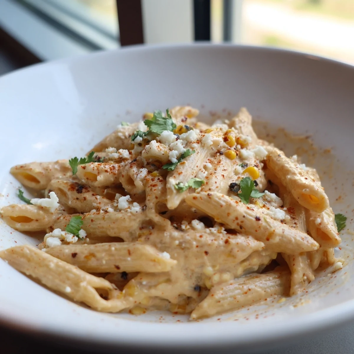 A close-up of Mexican Street Corn Pasta with creamy sauce, charred corn, crumbled cotija, fresh cilantro, and lime wedges on the side.  