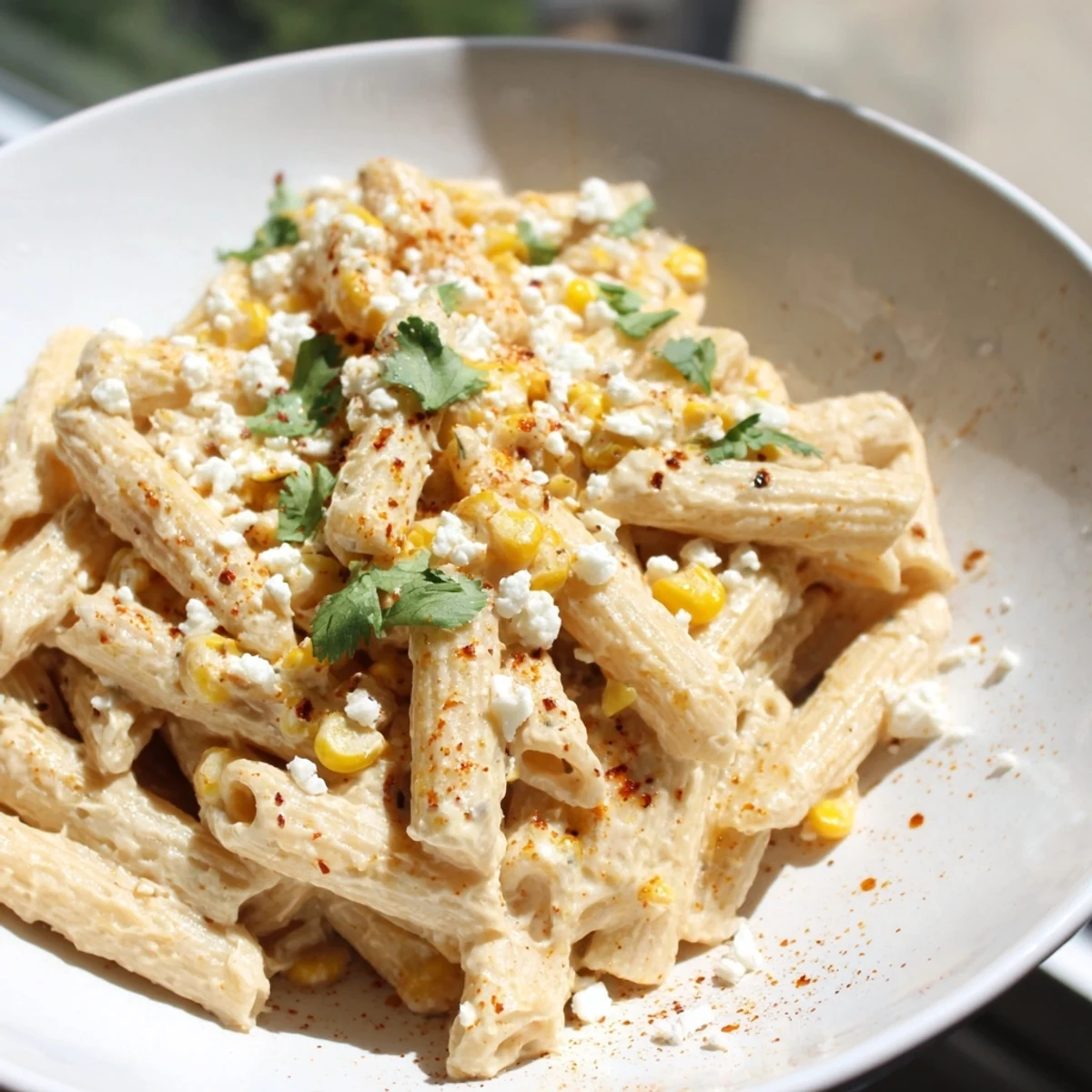 A family-style bowl of Mexican Street Corn Pasta garnished with fresh cilantro, extra chili powder, and lime wedges for a zesty finish.