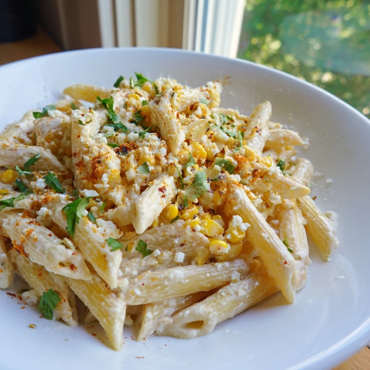 Golden penne pasta tossed with sweet corn, spicy chili-lime seasoning, and melty cotija cheese, served as a vibrant Mexican Street Corn Pasta.  
